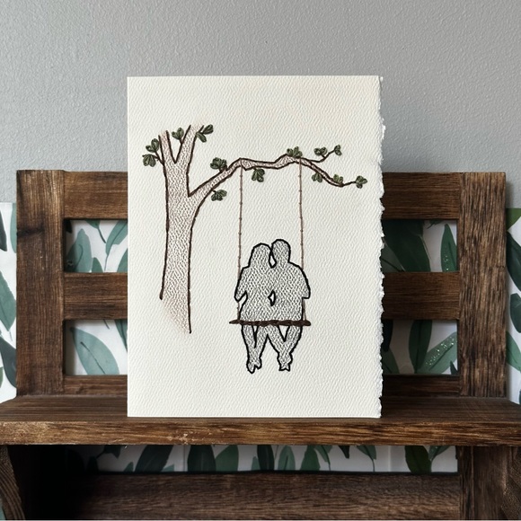 Hand-Embroidered Anniversary Card - Couple on Tree Swing - Picture 1 of 2